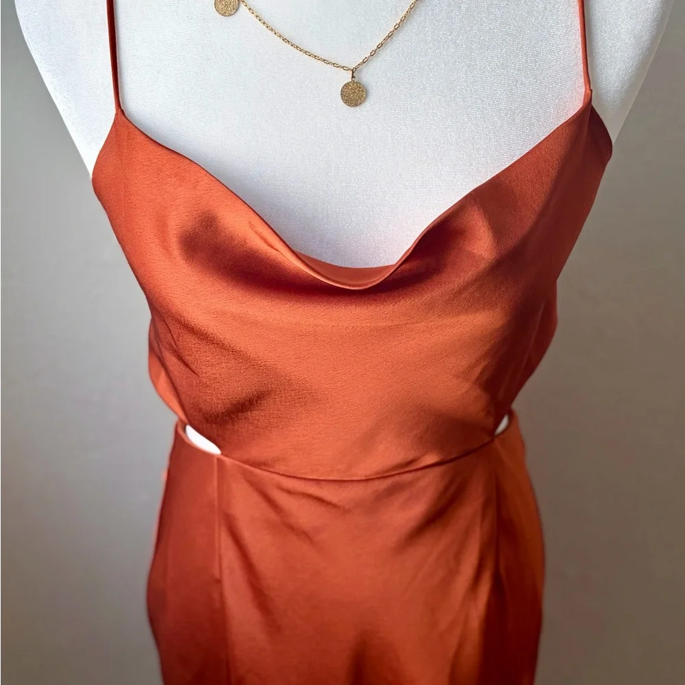 Satin Burnt Orange Cowl Neck Mini Dress Open Back Slip Date Night ACOA M - Picture 3 of 10